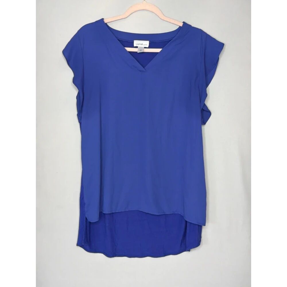 Jaclyn Smith Collection Ruffle Sleeve V Neck Top Womens Large Royal Blue